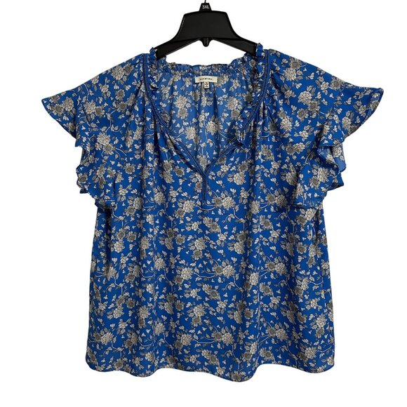 Max Studio Tops - Max Studio Dark Blue Floral Flutter Sleeve Womens 1XL Blouse Fairy Summer